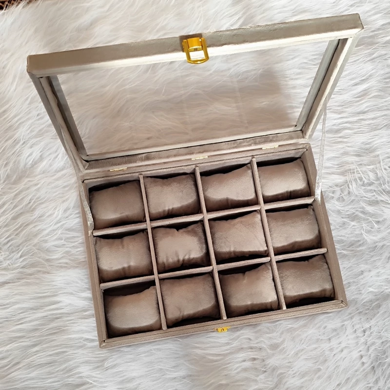 استند ساعت و دستبند درب دار شیشه ای رنگ طوسی روشن