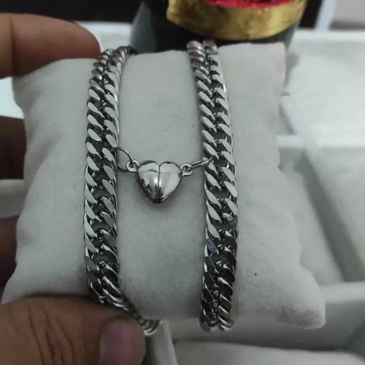 دستبند ست مگنتی استیل زن و مرد طرح قلب سیلور