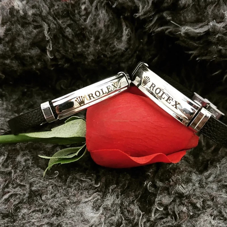 ست دستبند رولکس چرمی نقره ای